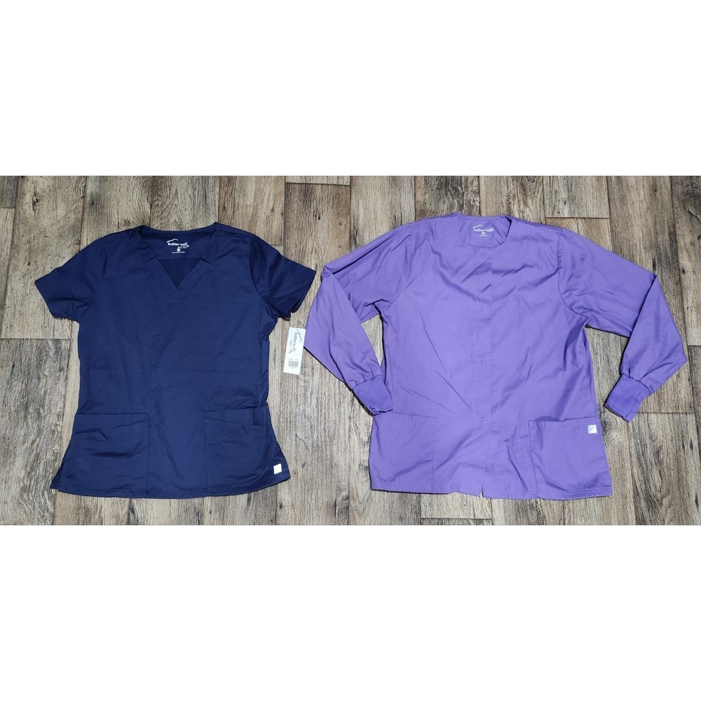 Butter Soft Women V Neck Pocket Uniform Scrub top Blue Small free jacket violet
